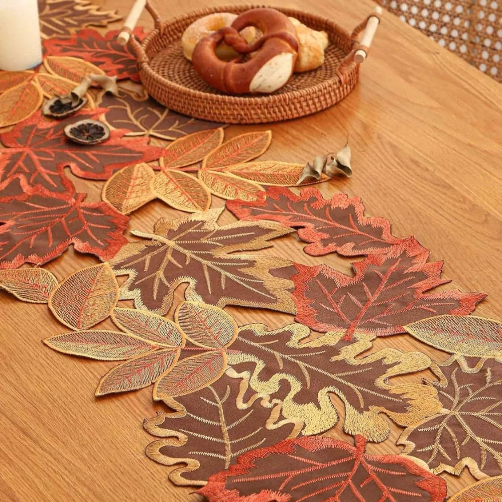 Table Runner Embroidered Maple Leaf Woven Microfiber