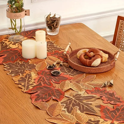 Table Runner Embroidered Maple Leaf Woven Microfiber