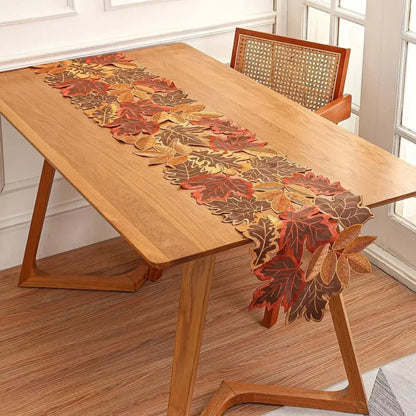 Table Runner Embroidered Maple Leaf Woven Microfiber