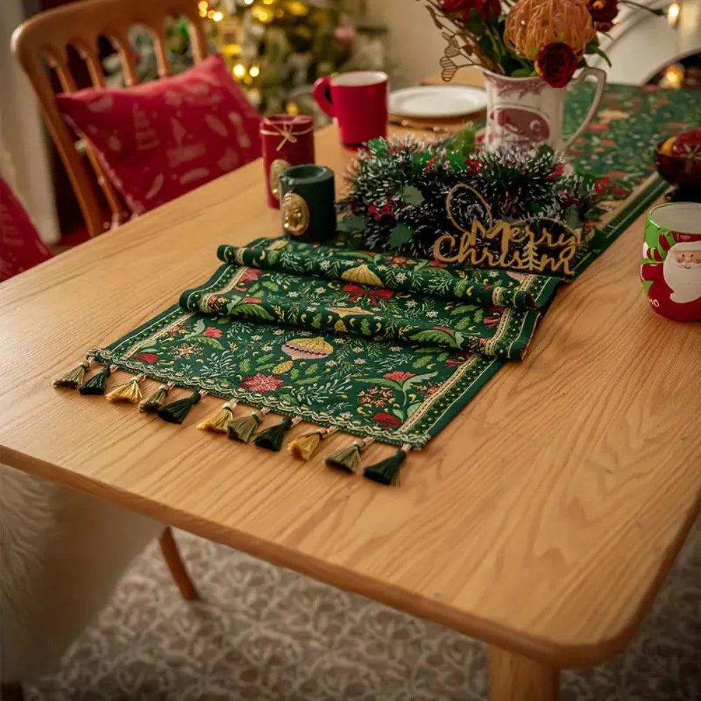 Table Runner Festive Botanical Polyester Blend & Tassels