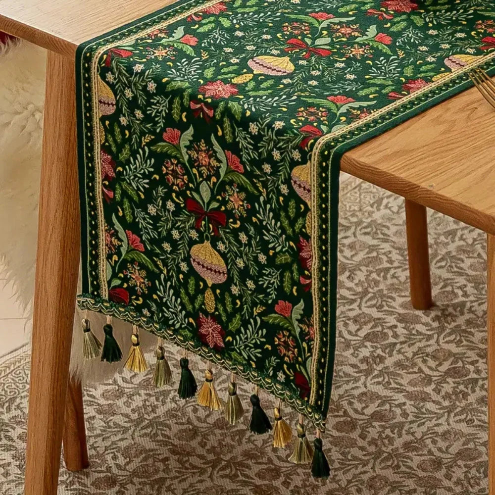 Table Runner Festive Botanical Polyester Blend & Tassels