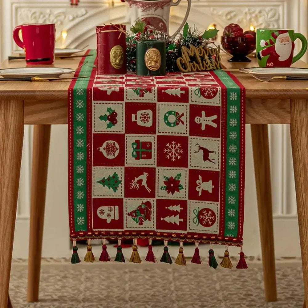 Table Runner Festive Checkered Microfiber Tassels