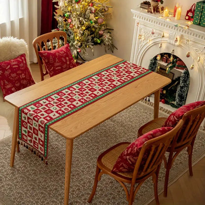 Table Runner Festive Checkered Microfiber Tassels