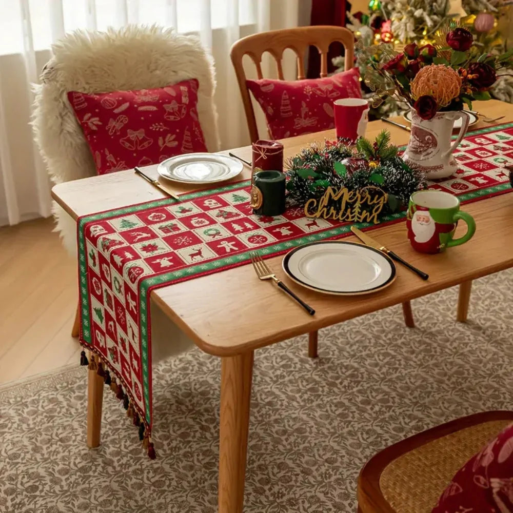 Table Runner Festive Checkered Microfiber Tassels