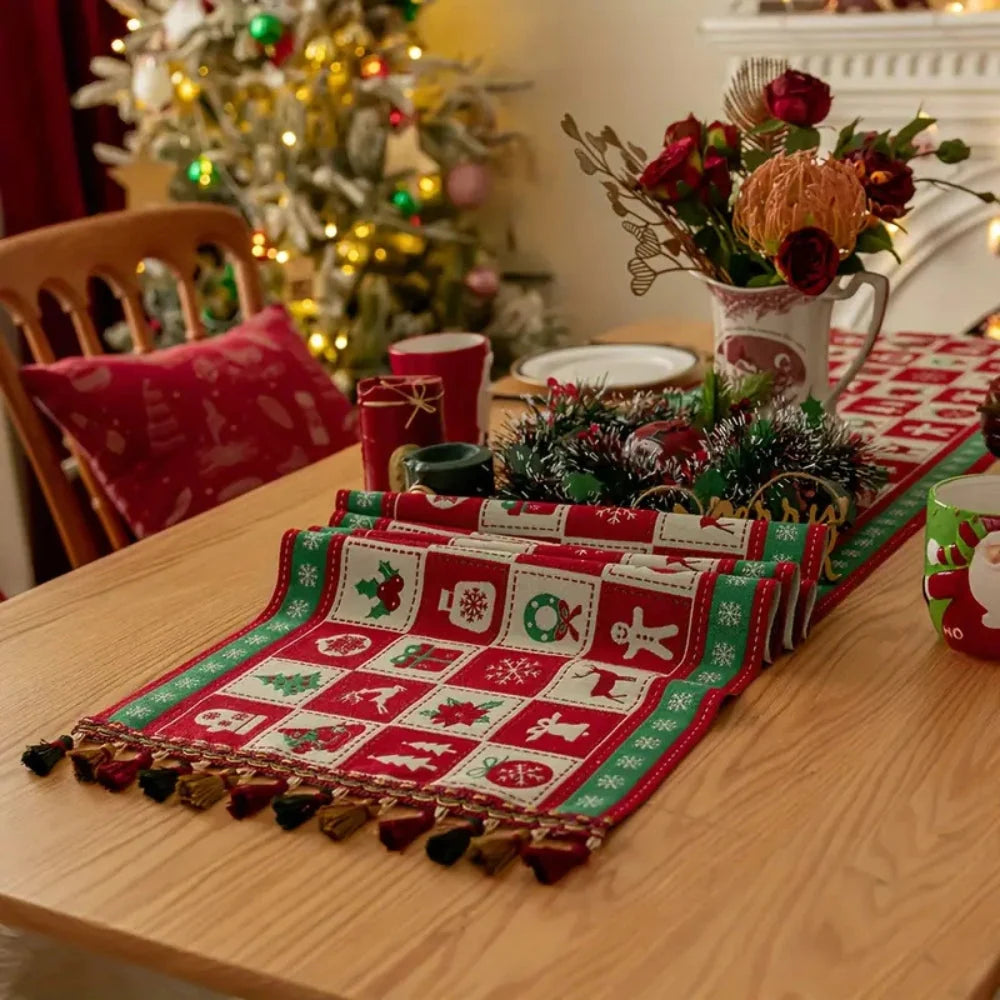 Table Runner Festive Checkered Microfiber Tassels
