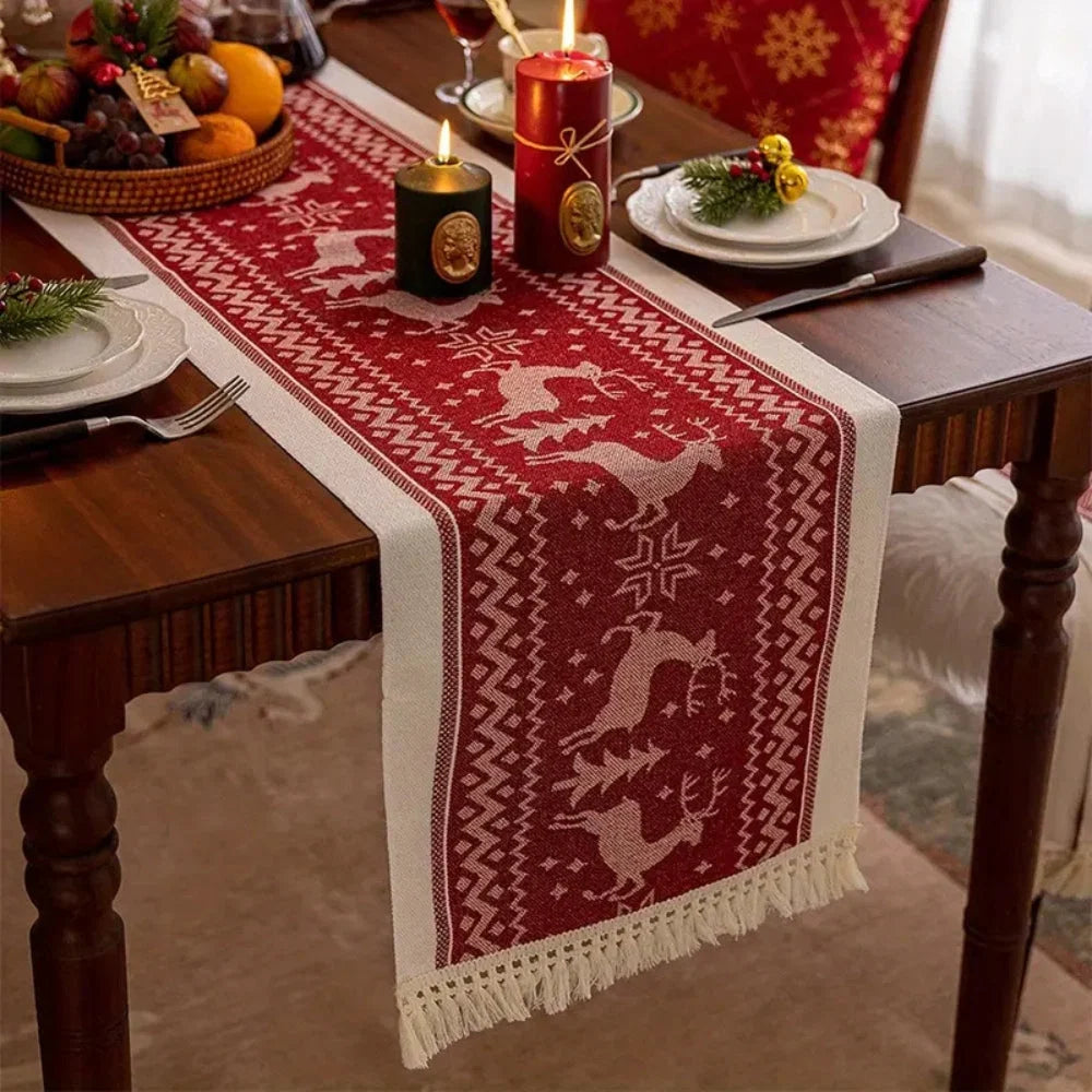 Table Runner Festive Elk & Tree Microfiber Tasseled Edge