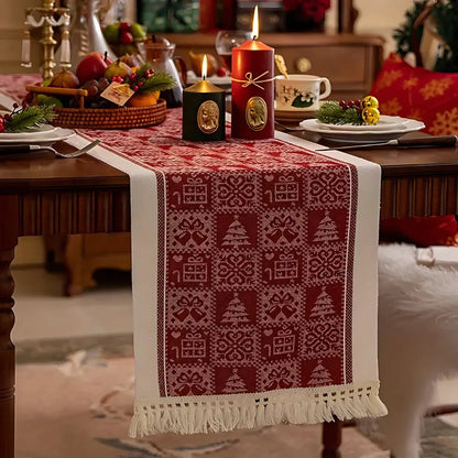Table Runner Festive Elk & Tree Microfiber Tasseled Edge