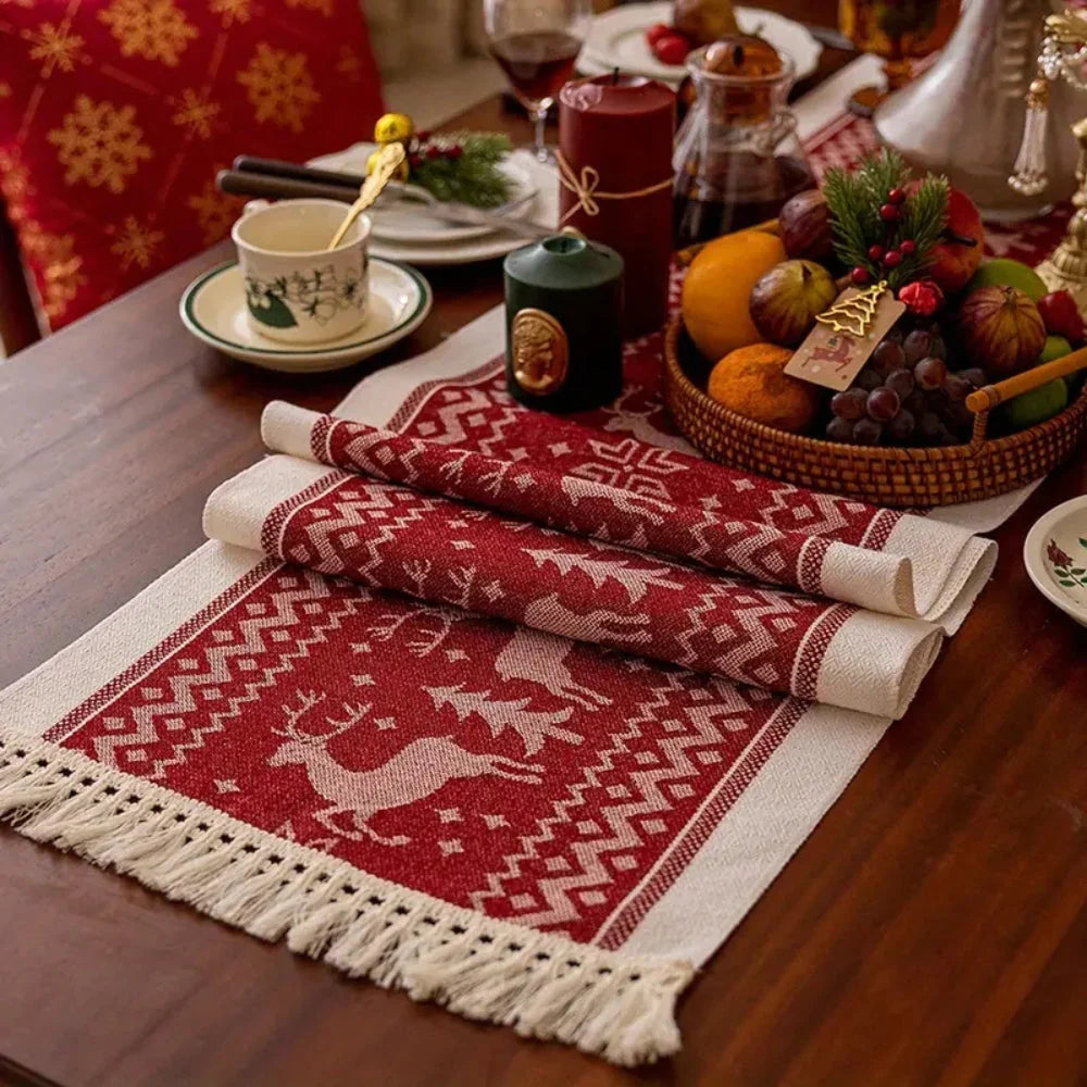 Table Runner Festive Elk & Tree Microfiber Tasseled Edge