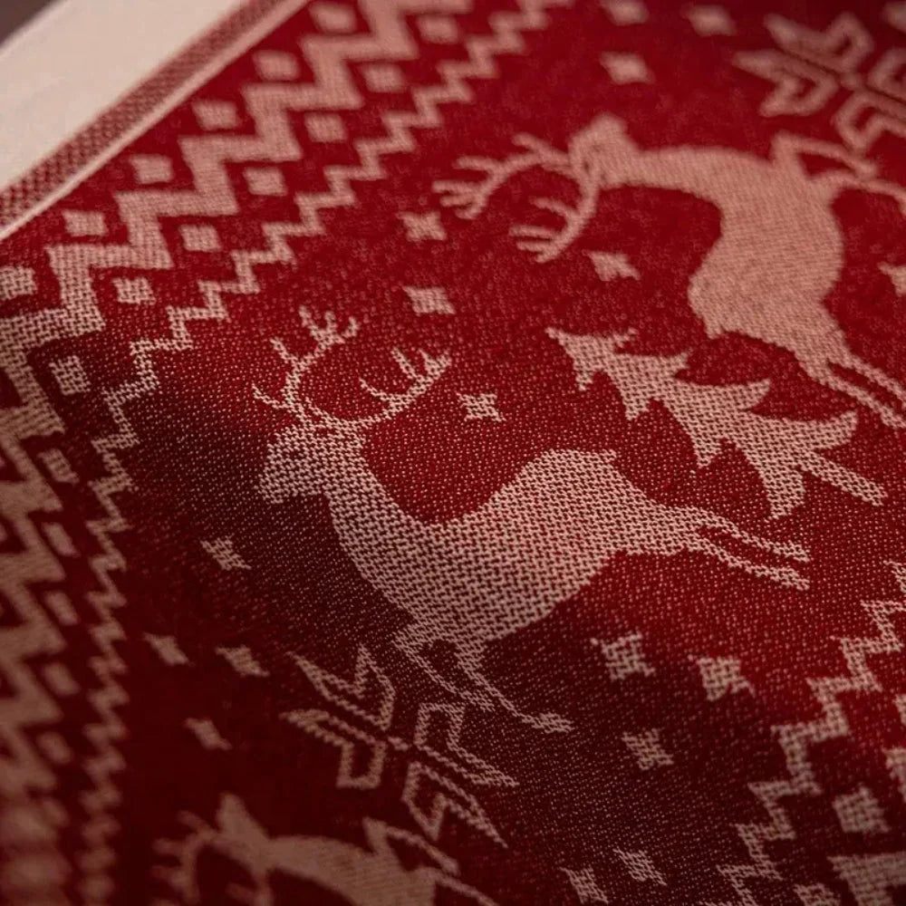 Table Runner Festive Elk & Tree Microfiber Tasseled Edge
