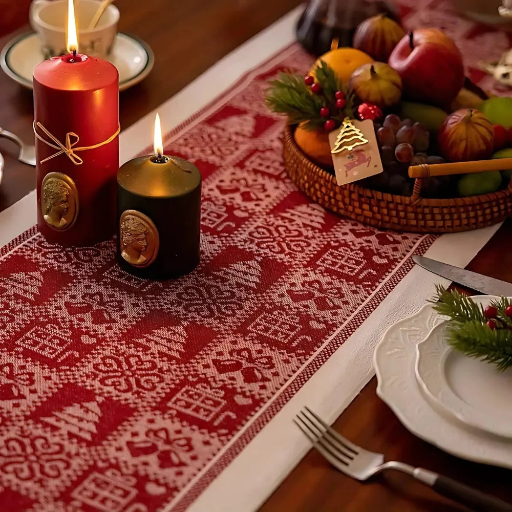 Table Runner Festive Elk & Tree Microfiber Tasseled Edge
