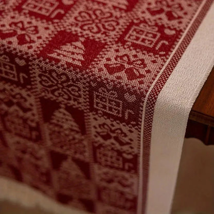 Table Runner Festive Elk & Tree Microfiber Tasseled Edge