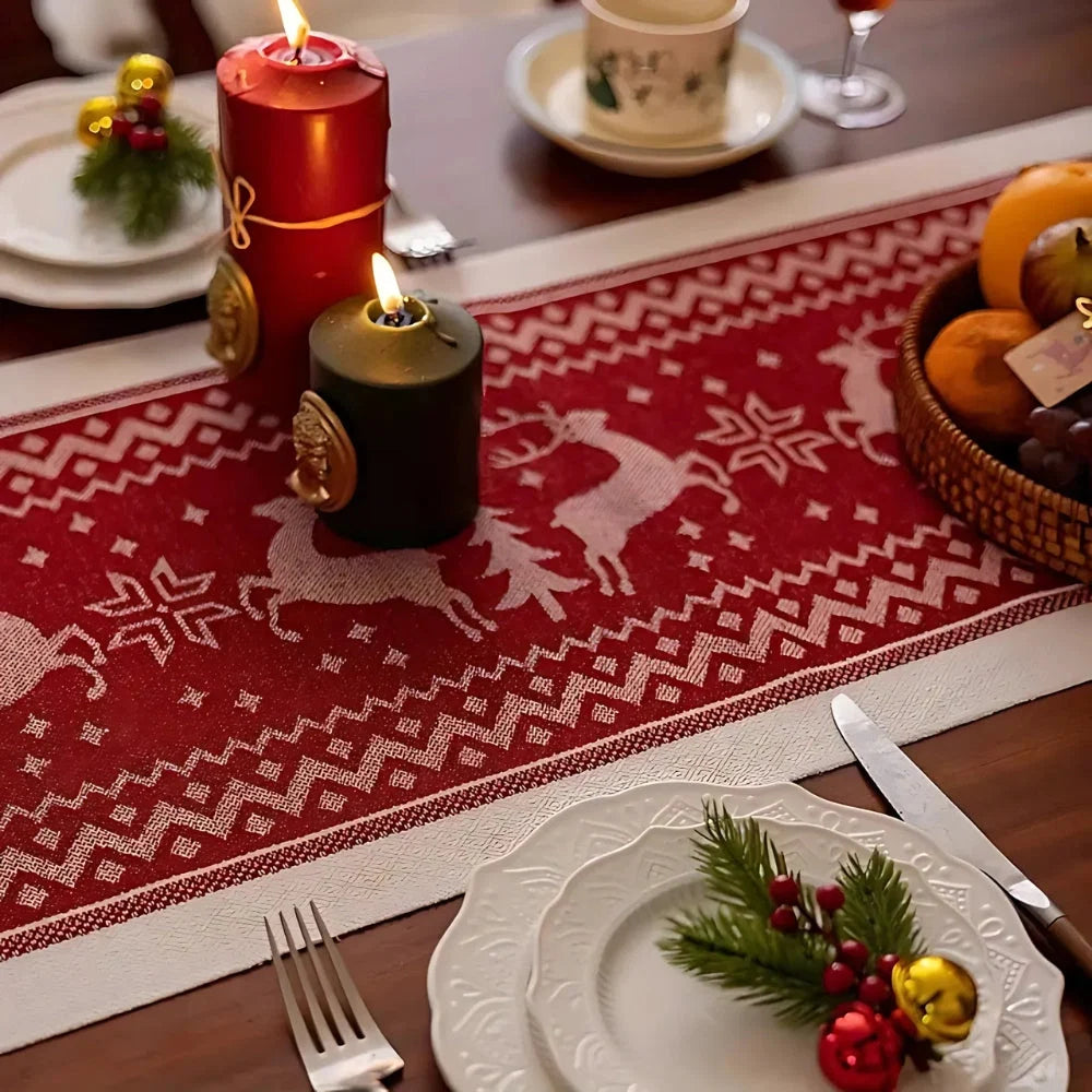 Table Runner Festive Elk & Tree Microfiber Tasseled Edge