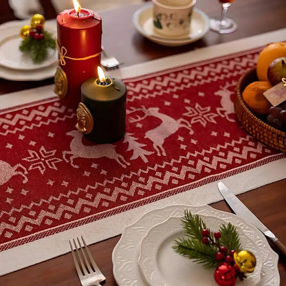 Table Runner Festive Elk & Tree Microfiber Tasseled Edge