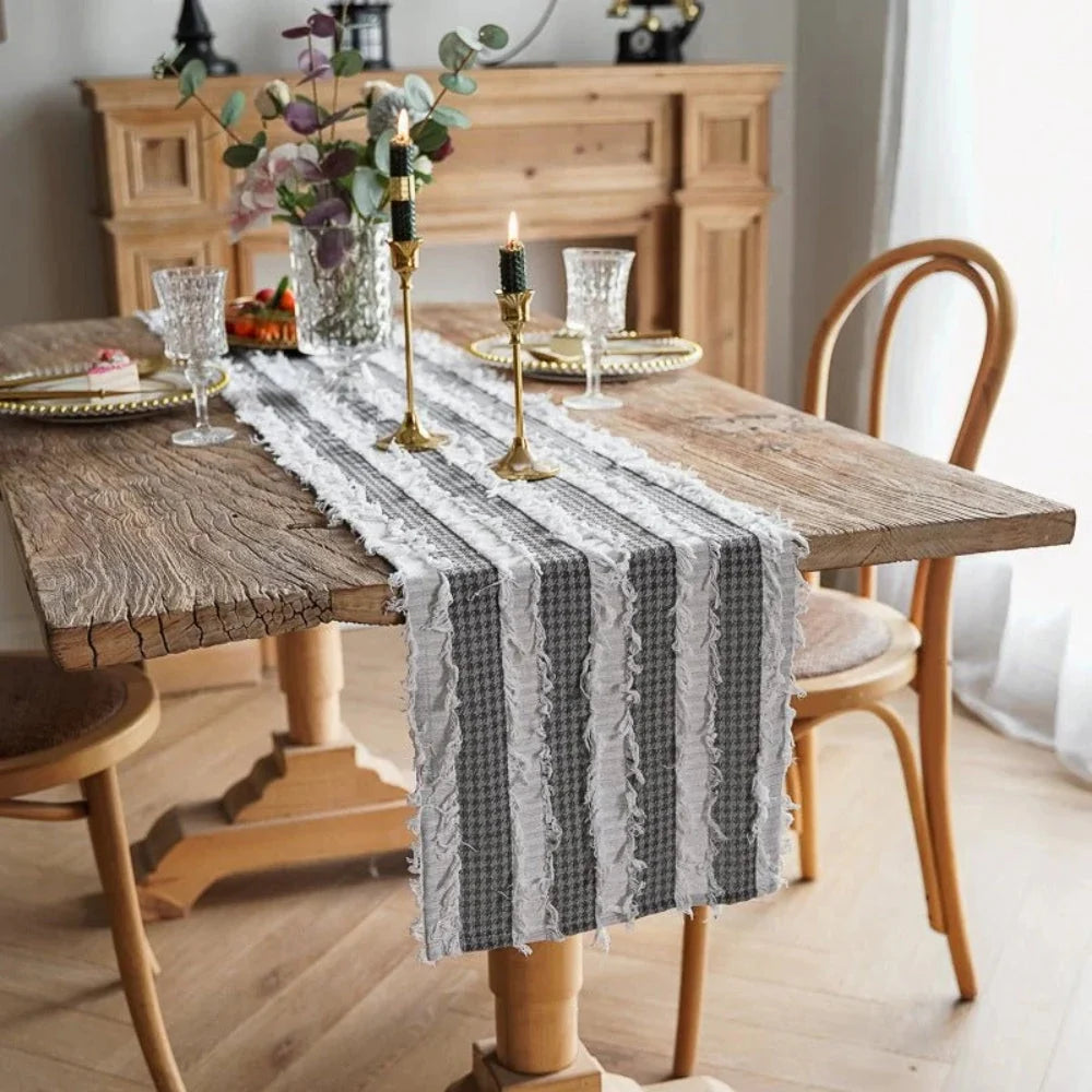 Table Runner Frayed Strips Rustic Microfiber & Machine Washable