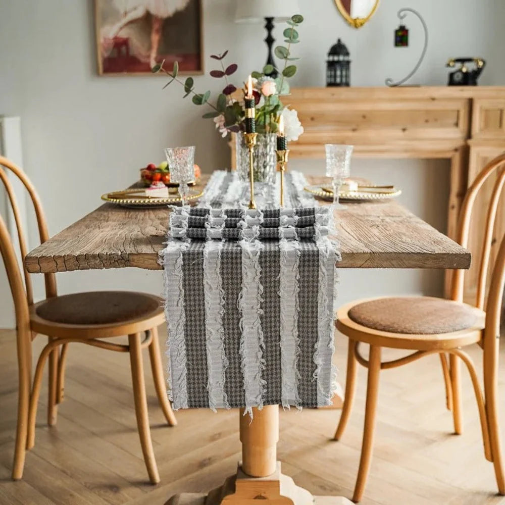 Table Runner Frayed Strips Rustic Microfiber & Machine Washable