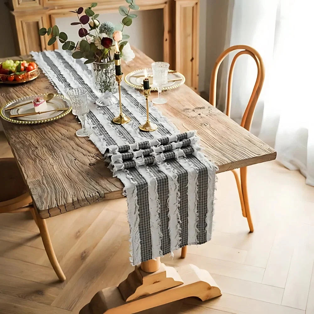 Table Runner Frayed Strips Rustic Microfiber & Machine Washable