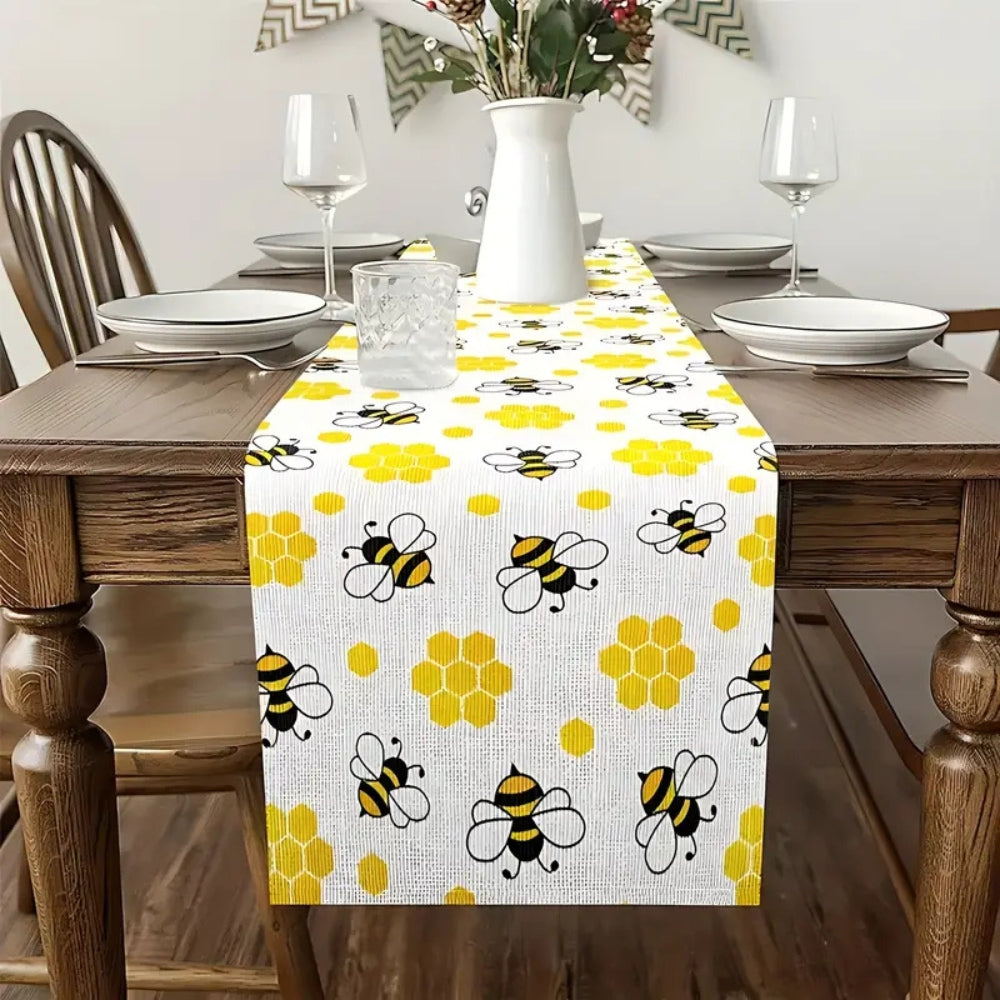 Table Runner Linen Honeycomb & Bee Print Machine Washable