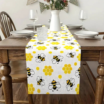 Table Runner Linen Honeycomb & Bee Print Machine Washable