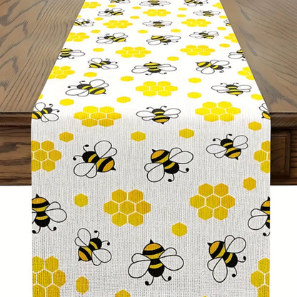 Table Runner Linen Honeycomb & Bee Print Machine Washable