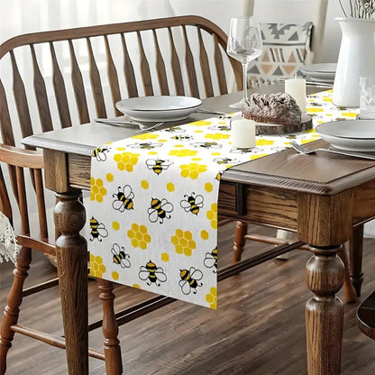 Table Runner Linen Honeycomb & Bee Print Machine Washable