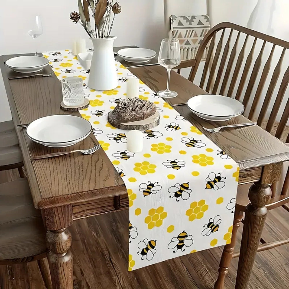Table Runner Linen Honeycomb & Bee Print Machine Washable