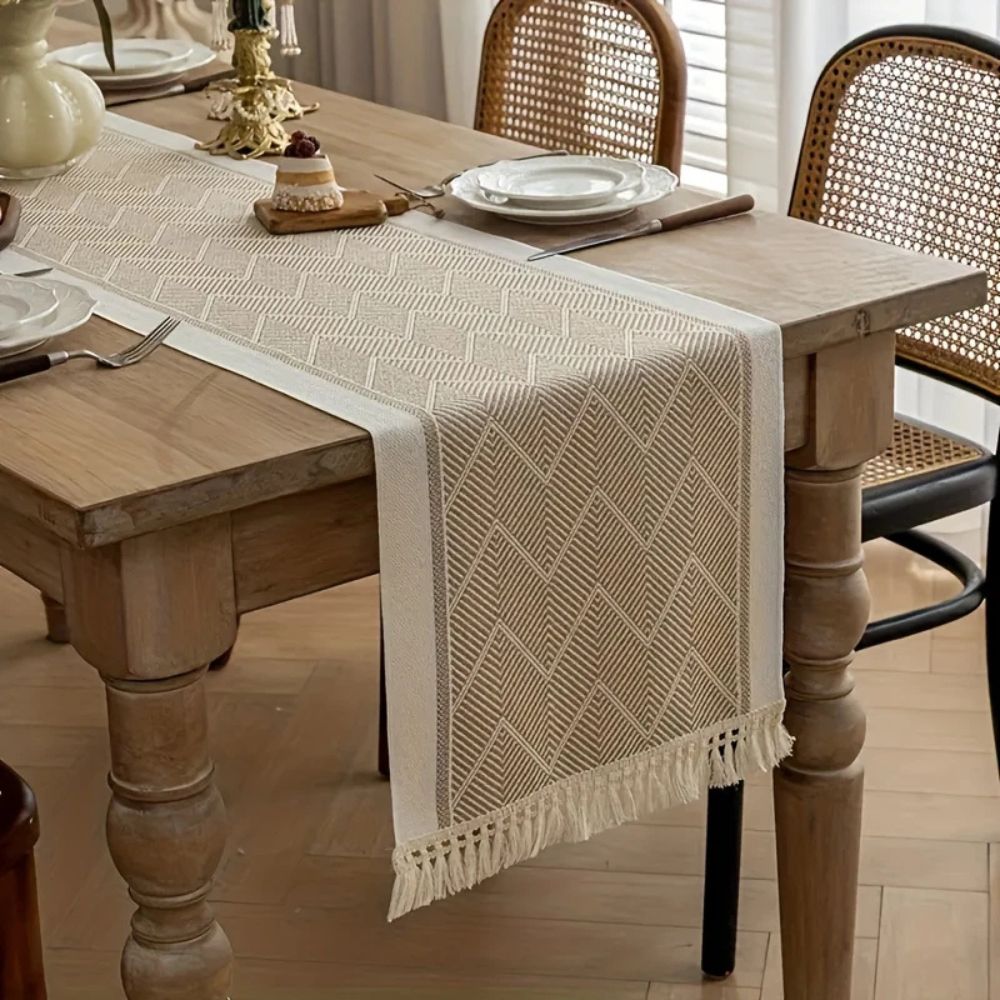 Table Runner Microfiber Blend Woven Zigzag With Tassels