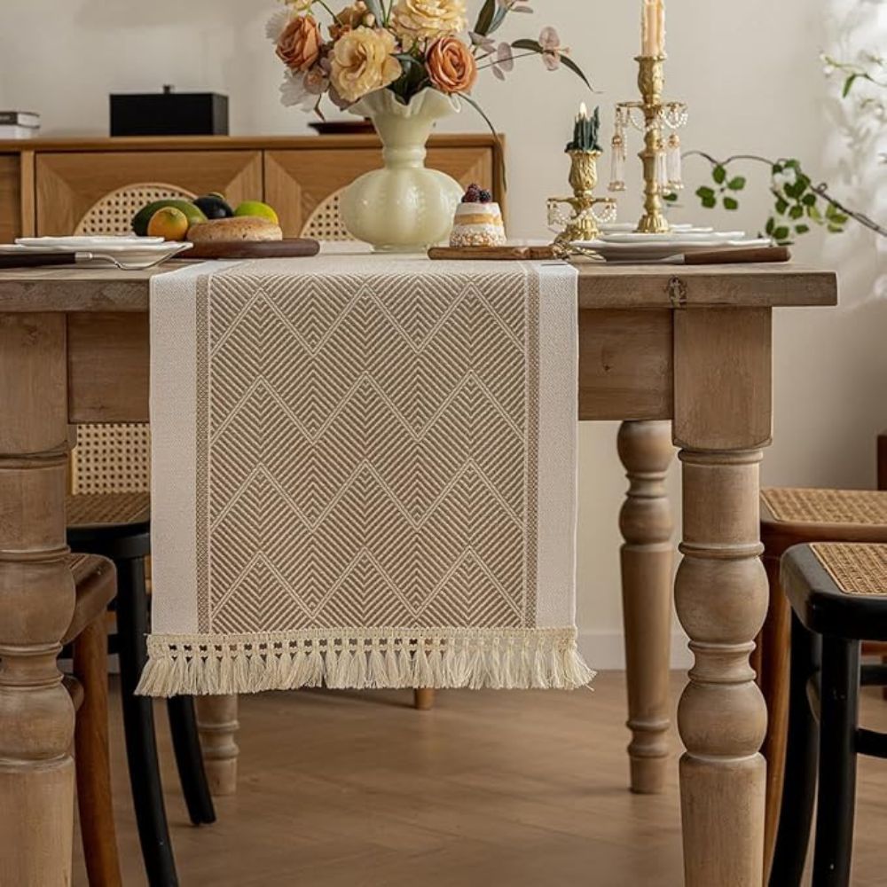 Table Runner Microfiber Blend Woven Zigzag With Tassels
