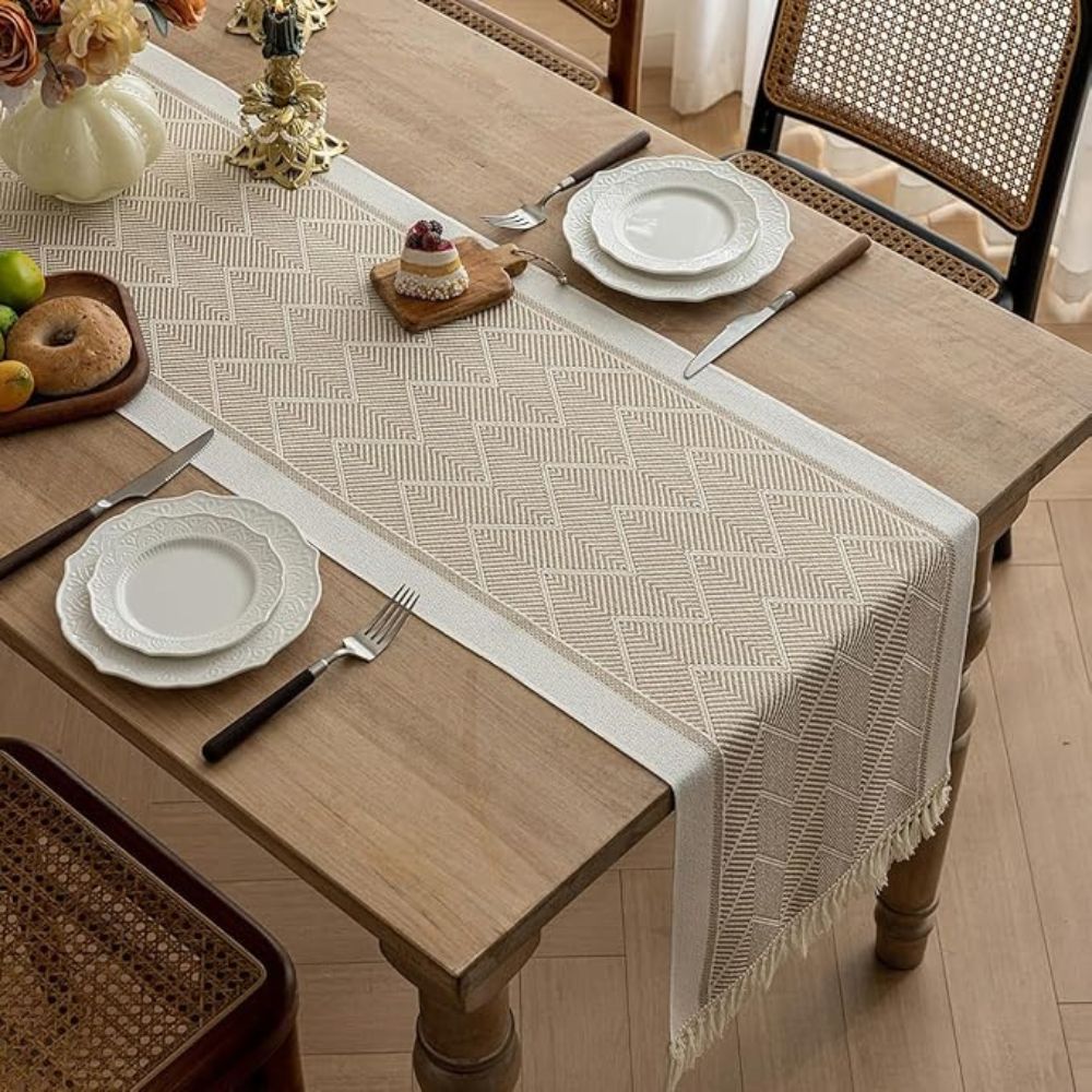 Table Runner Microfiber Blend Woven Zigzag With Tassels