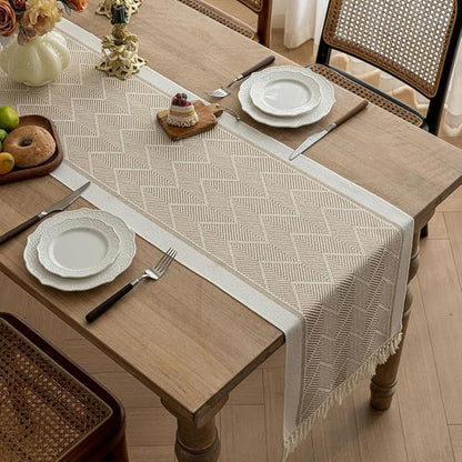 Table Runner Microfiber Blend Woven Zigzag With Tassels