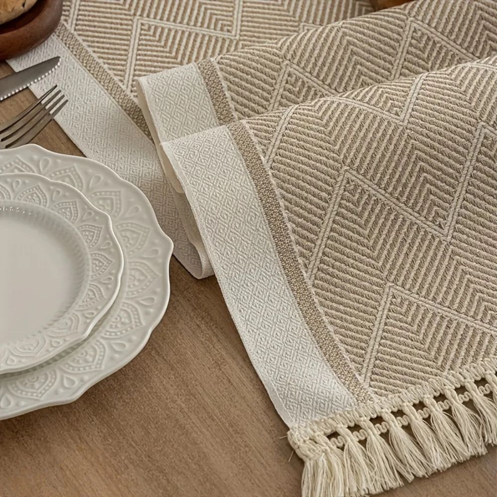 Table Runner Microfiber Blend Woven Zigzag With Tassels