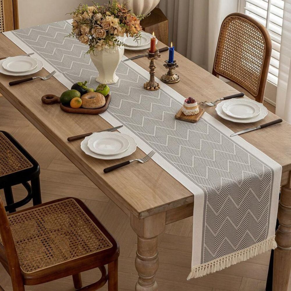 Table Runner Microfiber Blend Woven Zigzag With Tassels