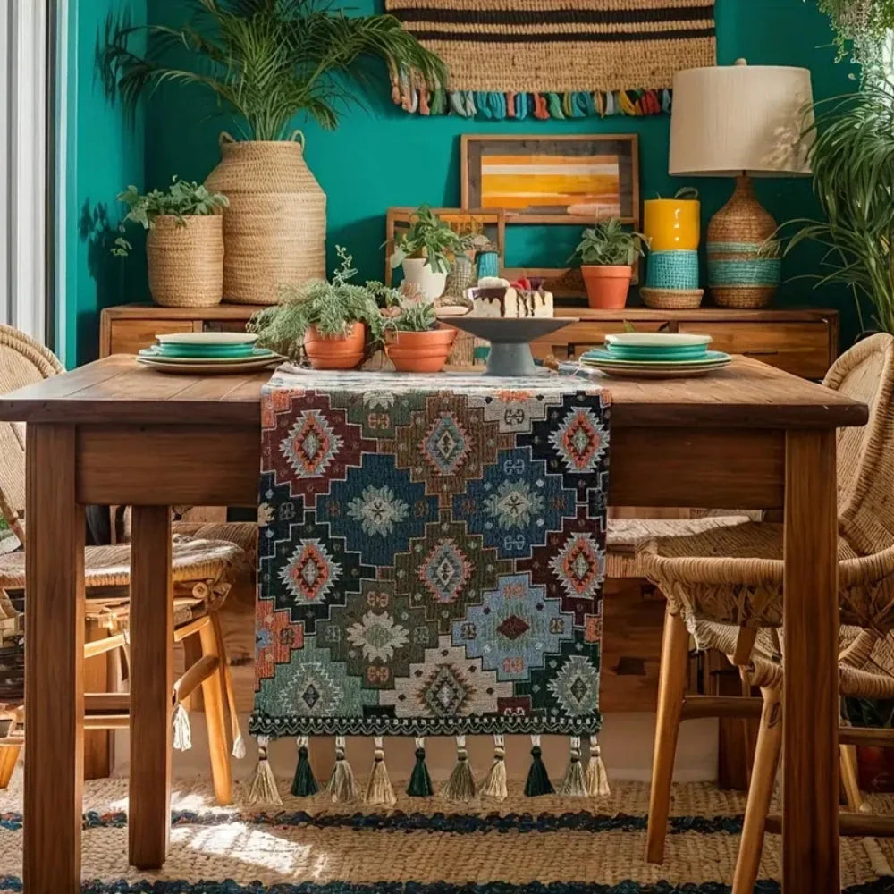 Table Runner Microfiber Colorful Geometric Tassels