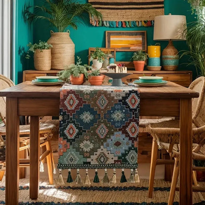 Table Runner Microfiber Colorful Geometric Tassels