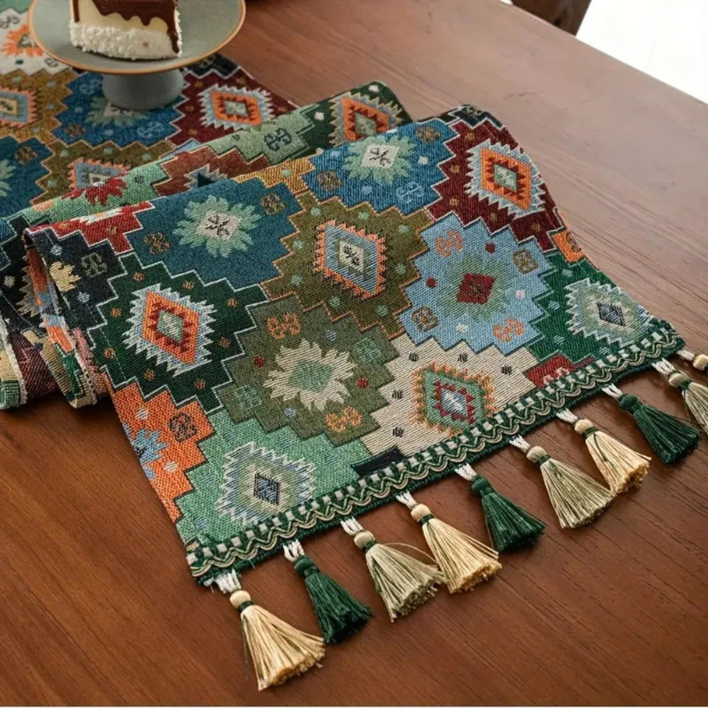 Table Runner Microfiber Colorful Geometric Tassels