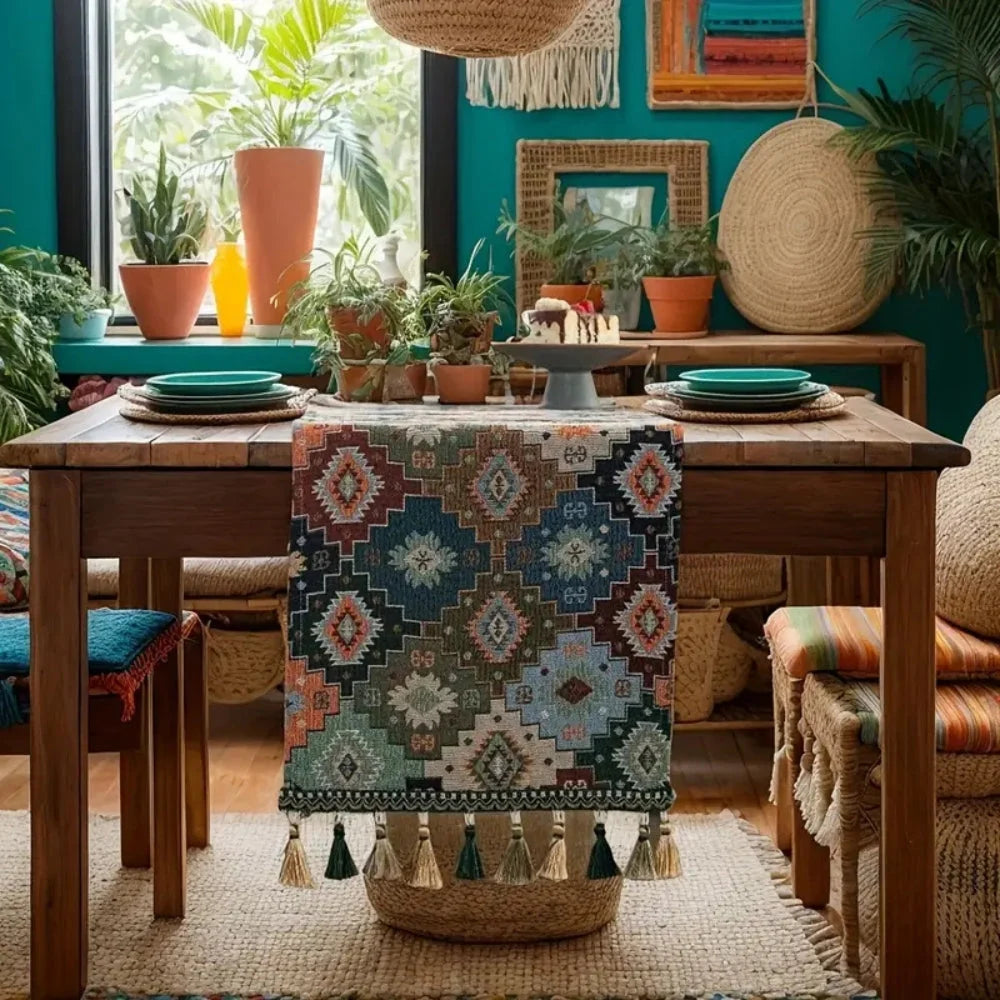 Table Runner Microfiber Colorful Geometric Tassels