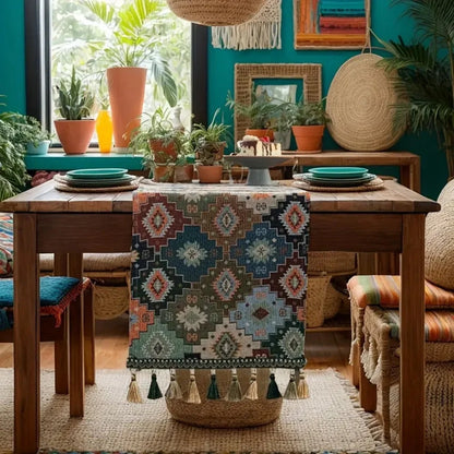 Table Runner Microfiber Colorful Geometric Tassels