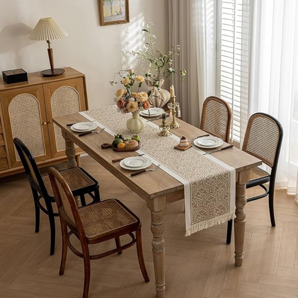 Table Runner Microfiber Jacquard Damask Tassel Fringe