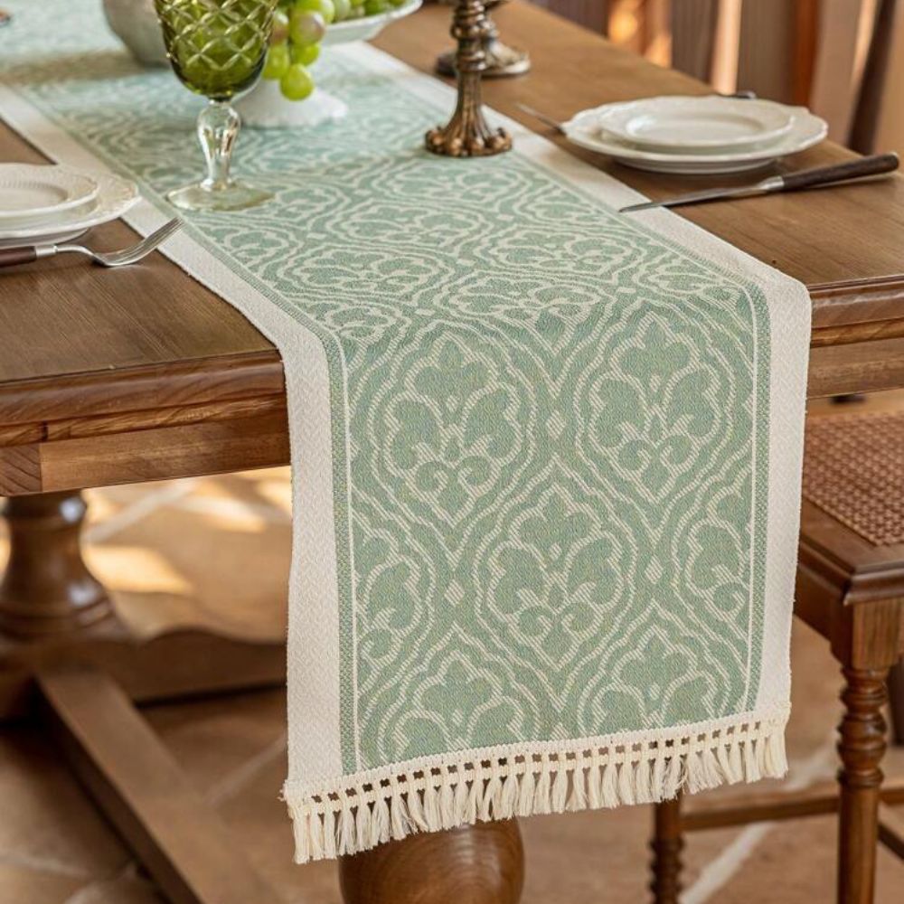 Table Runner Microfiber Jacquard Damask Tassel Fringe