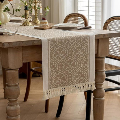 Table Runner Microfiber Jacquard Damask Tassel Fringe