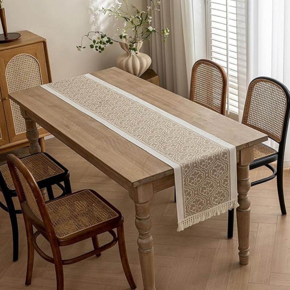 Table Runner Microfiber Jacquard Damask Tassel Fringe