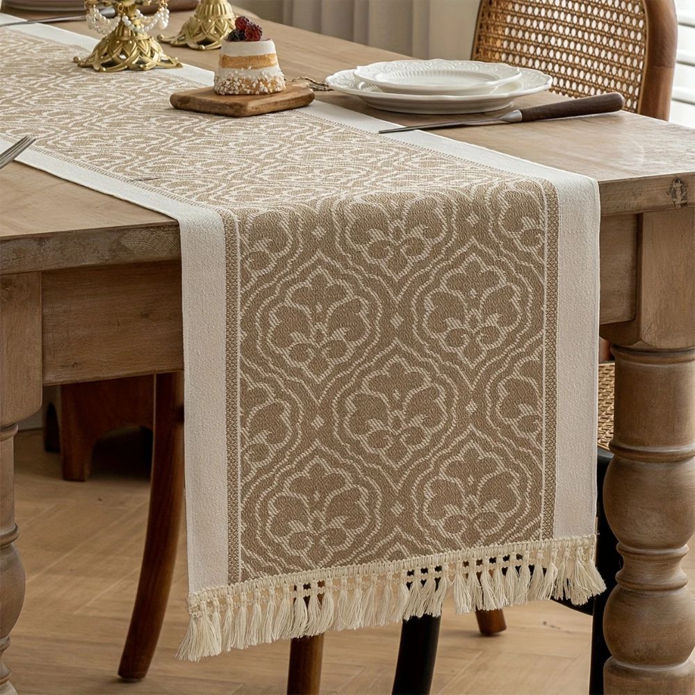 Table Runner Microfiber Jacquard Damask Tassel Fringe