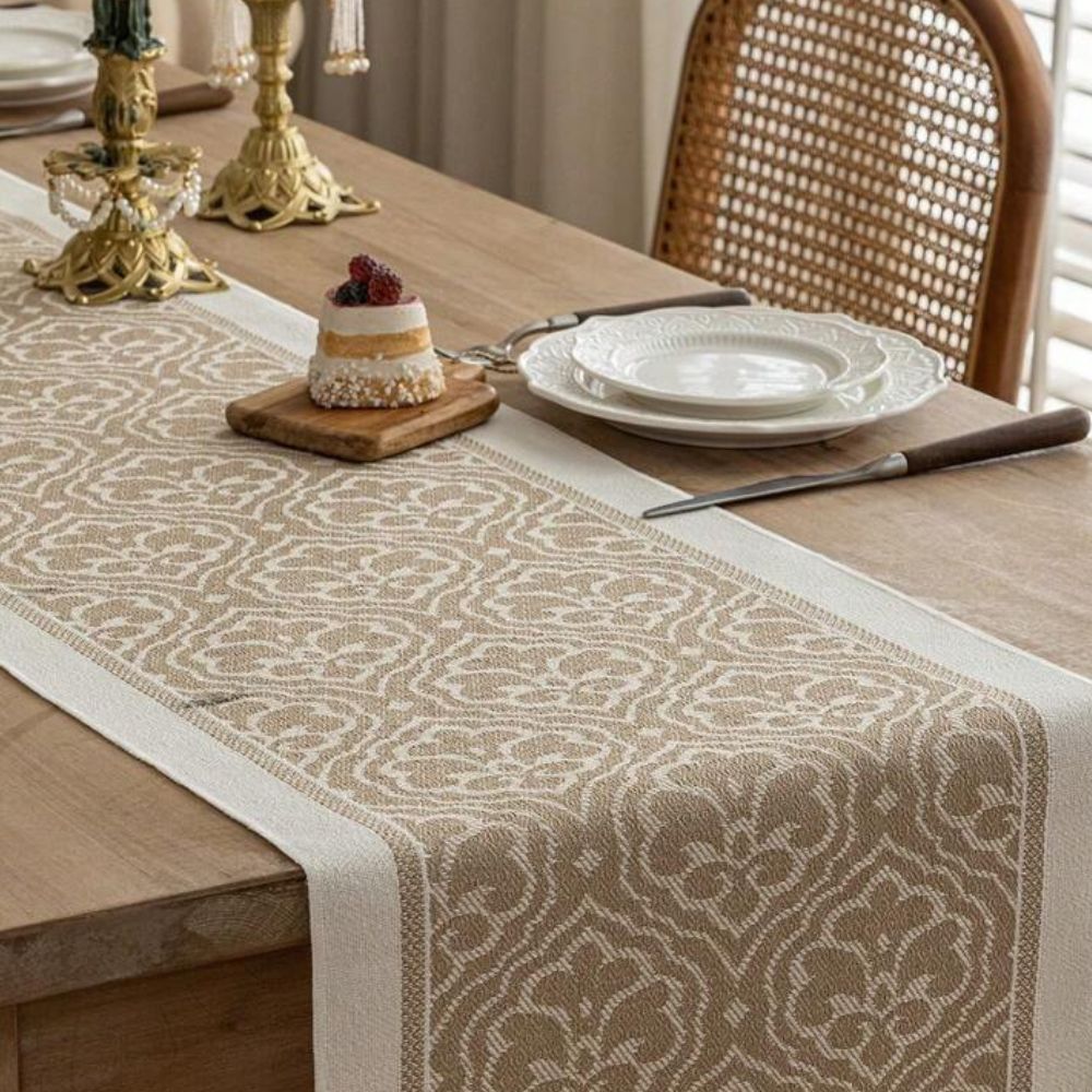 Table Runner Microfiber Jacquard Damask Tassel Fringe