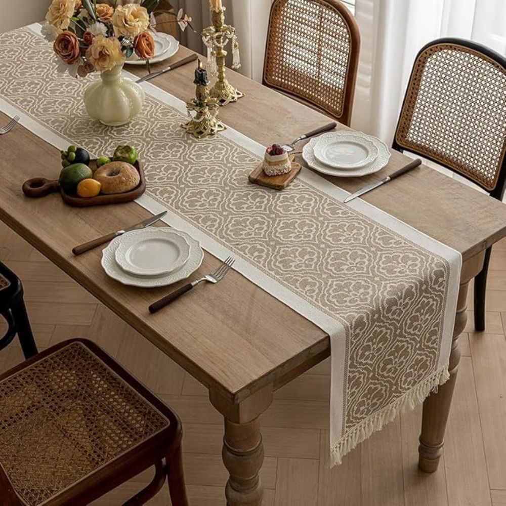 Table Runner Microfiber Jacquard Damask Tassel Fringe