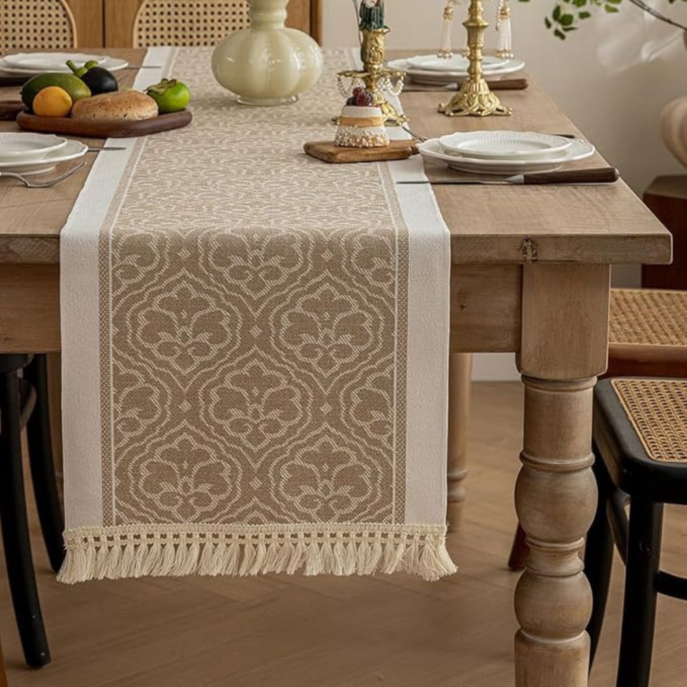 Table Runner Microfiber Jacquard Damask Tassel Fringe