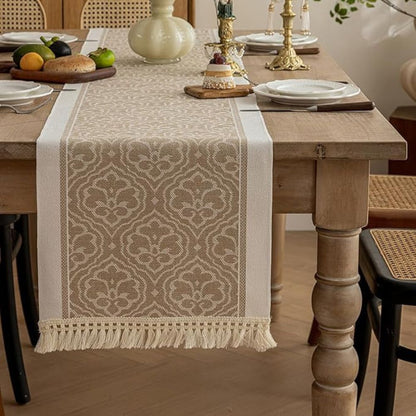 Table Runner Microfiber Jacquard Damask Tassel Fringe