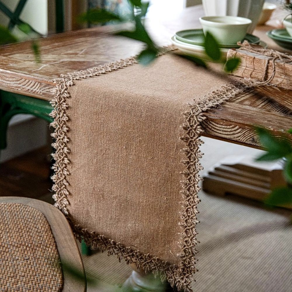 Table Runner Natural Jute Tassel Or Lace Edge