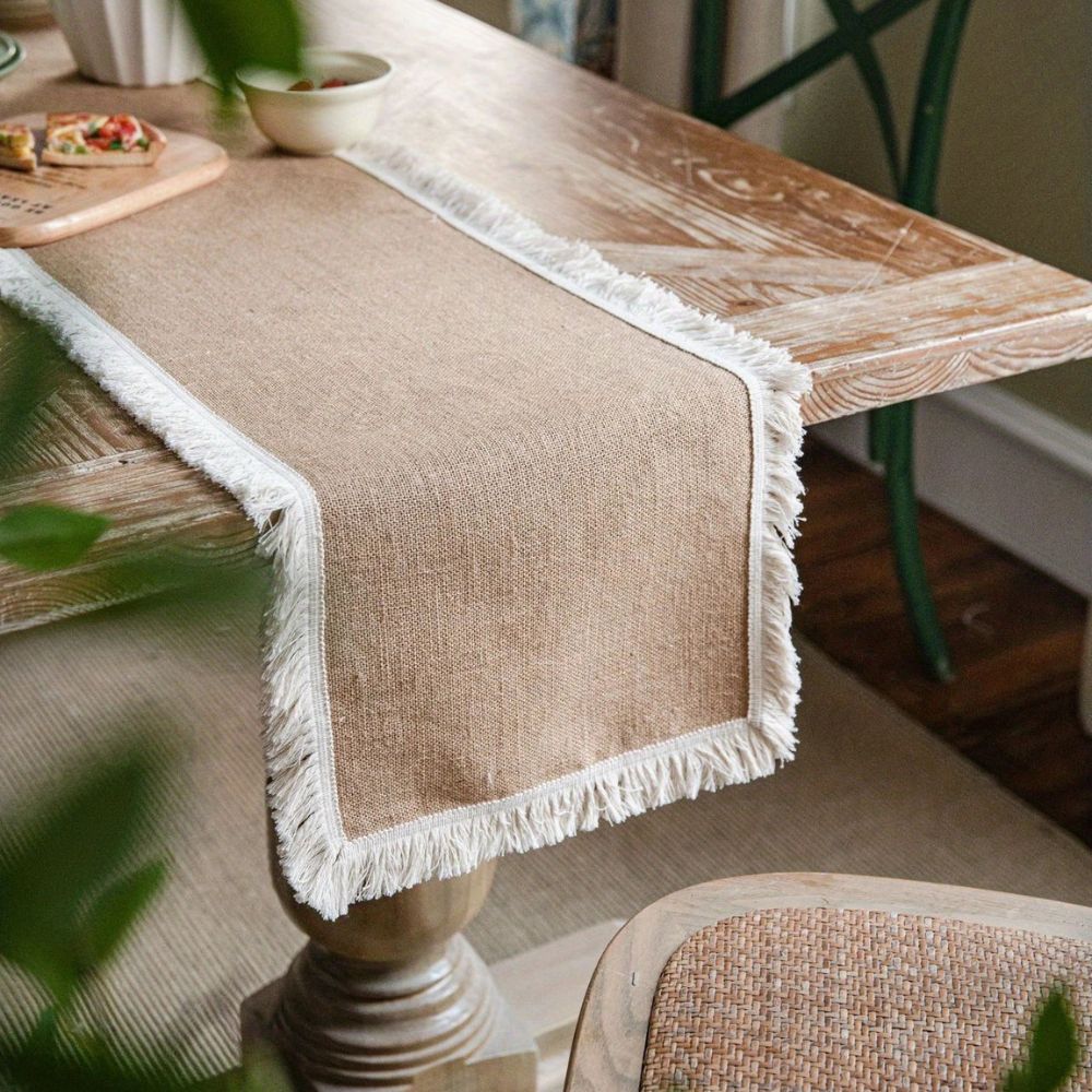 Table Runner Natural Jute Tassel Or Lace Edge