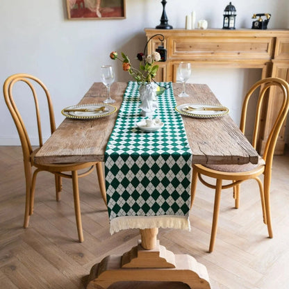 Table Runner Tasseled Checkered Microfiber Blend