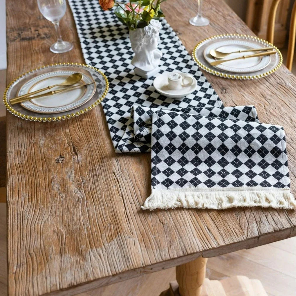 Table Runner Tasseled Checkered Microfiber Blend