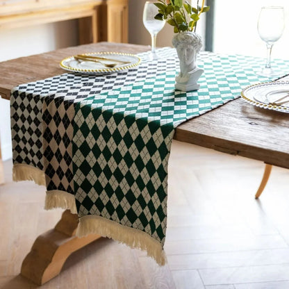 Table Runner Tasseled Checkered Microfiber Blend